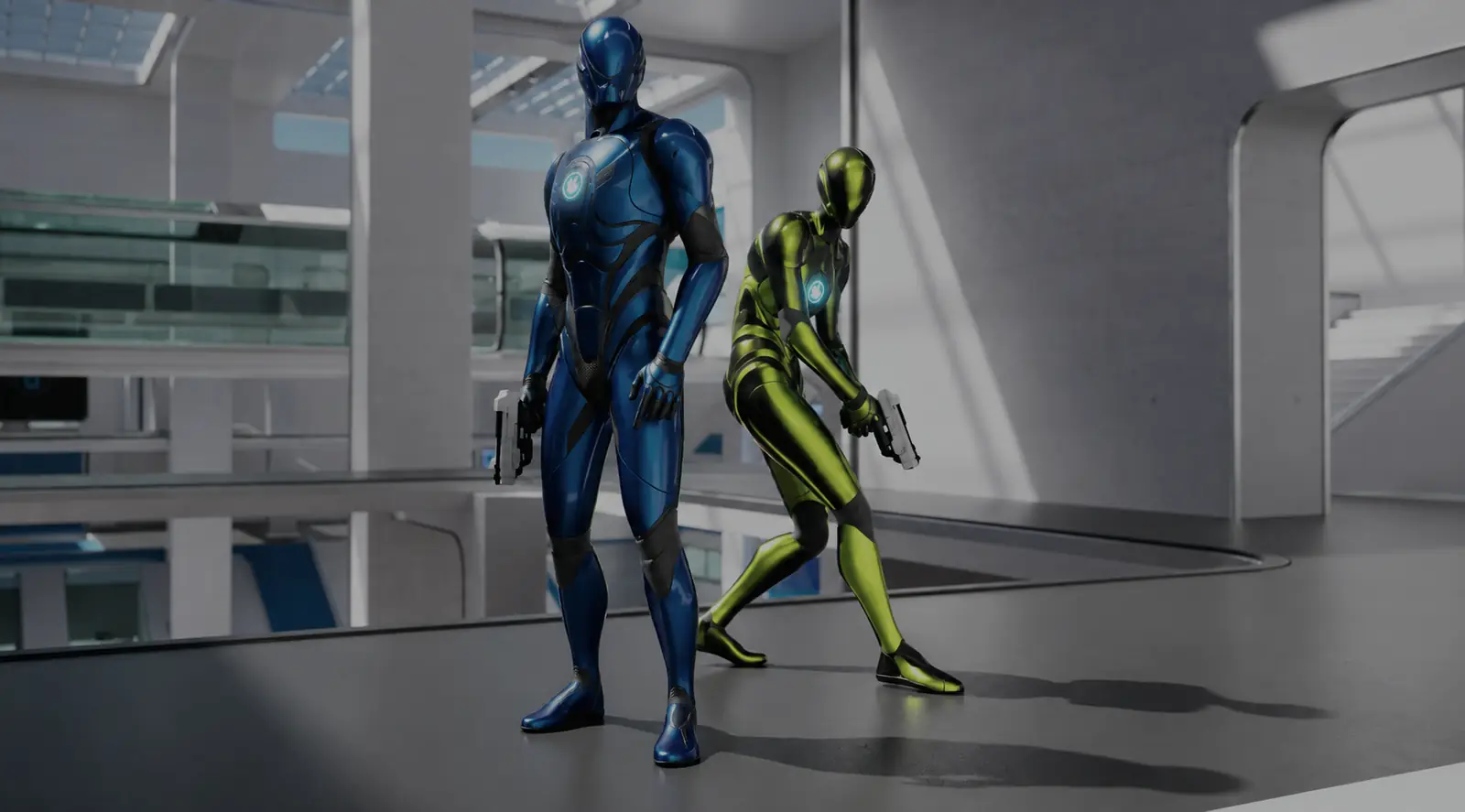 Personnages stylisés dans un environnement futuriste, rendu Unreal Engine 5