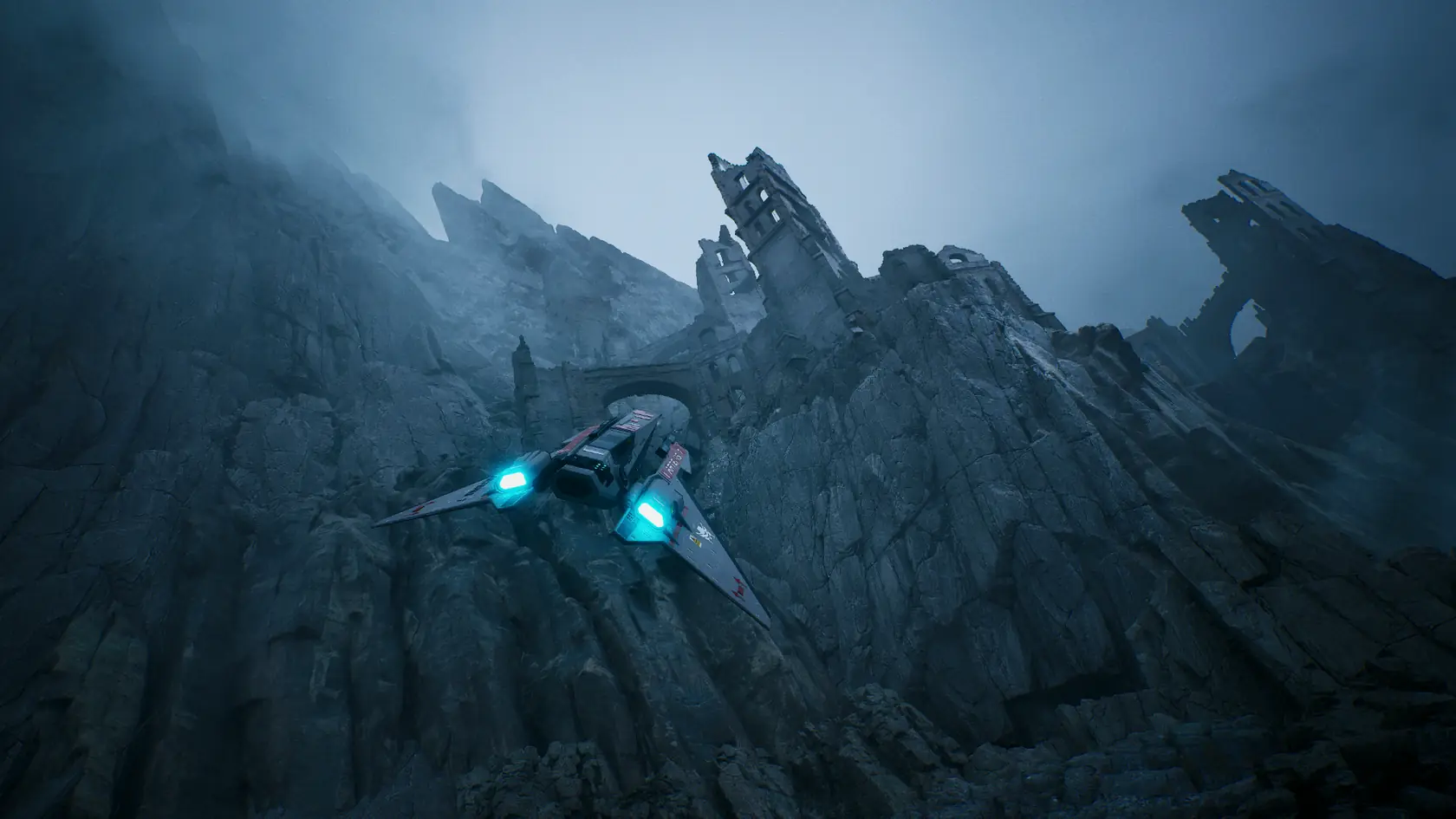 Vaisseau survolant des ruines, rendu temps réel Unreal Engine 5